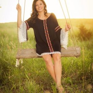 Bell Sleeve Black and Aztec Dress